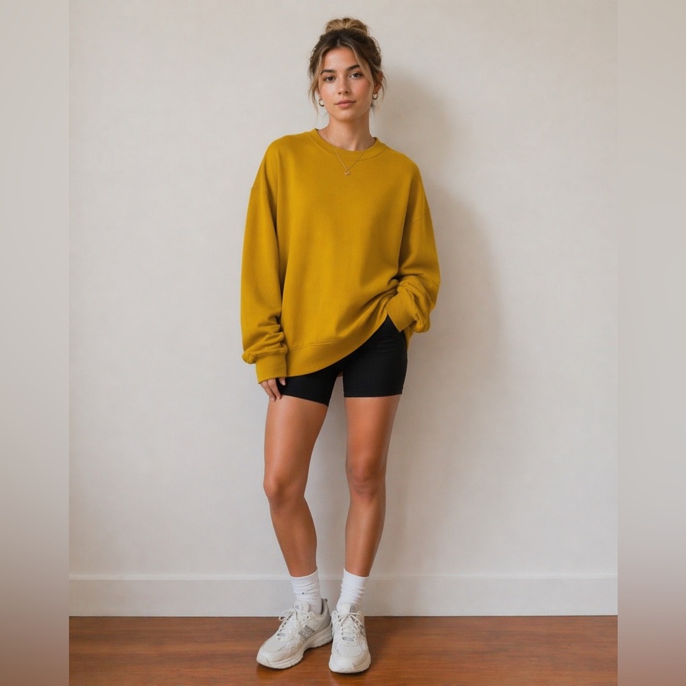 Mustard Yellow Oversized Crewneck Sweatshirt Cotton Blend Size